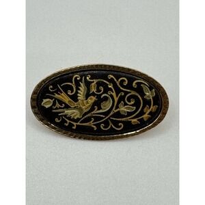 Vintage Damascene Brooch - Gold Tone Victorian Bird And Flowers